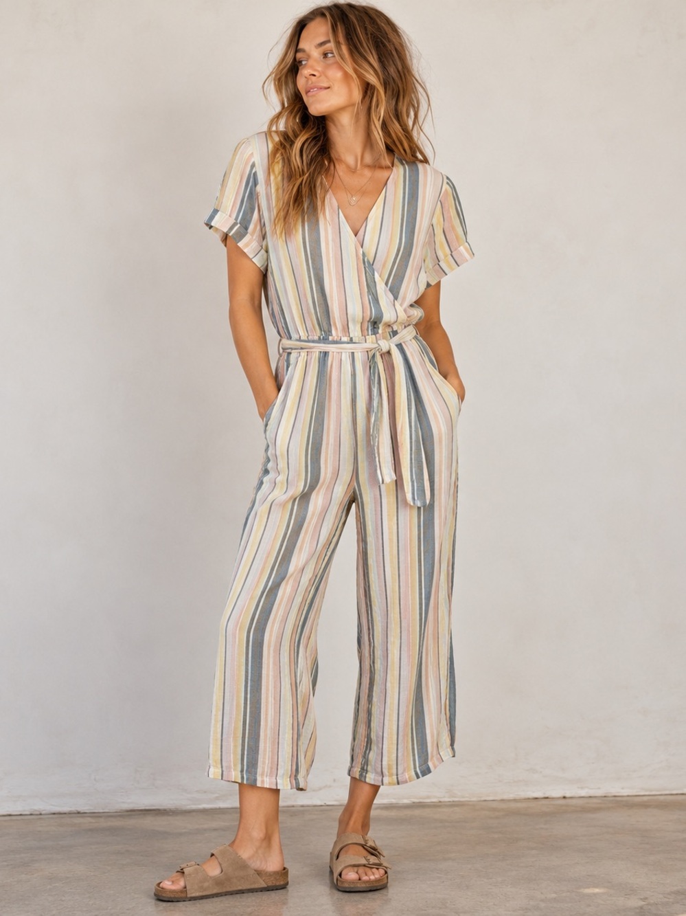 Pastel Striped Wrap Front Cropped Jumpsuit